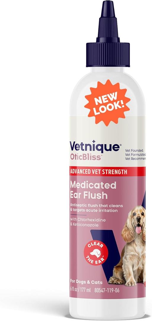 Vetnique Oticbliss Advanced Strength Medicated Dog Ear Infection Treatment, Antiseptic Ear Cleaner for Cat & Dog Ear Cleaning Solution Chlorhexidine & Ketoconazole (6oz Flush) Exp 10/27