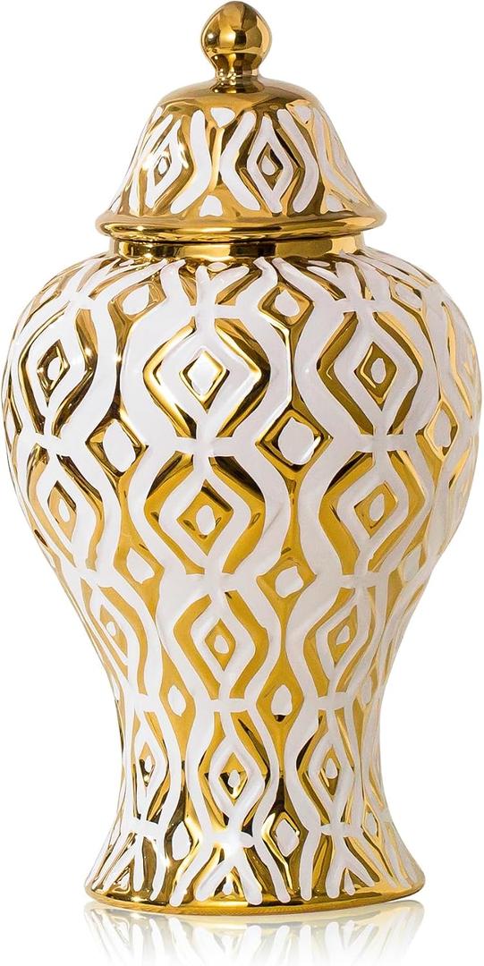 White and Gold Vase with Lid, Ginger Jars for Home Decor, Ceramic Flower Vase for Home, Kitchen, Bookshelf Decor, Storage jar, Table Center Vase, Centerpieces Jarrones(12.59in)