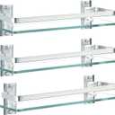 AIJALY 3 Pack Bathroom Glass Shelf,Aluminum Tempered Glass 0.34in Extra Thick Rectangular 1 Tier Storage Organizer Wall Mount,Silver 15.7in