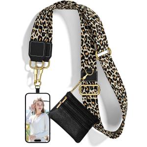 Nipichsha Crossbody Phone Strap with Wallet, Clip and Go Strap for Phone with Wallet, Adjustable Crossbody Cell Belt with Zippered Pouch, Neck Shoulder Cell Lanyard for Women, Black Leopard