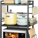 DOLALIKE Microwave Oven Rack, Expandable Microwave Stand Countertop Kitchen Utensils Tableware Storage, Carbon Steel Over Microwave Shelf Countertop with 6 Hooks