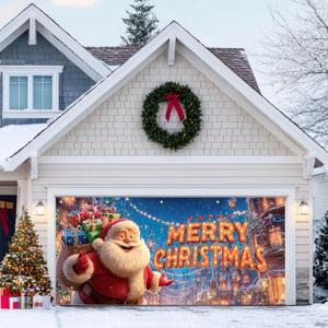 13x6ft Christmas Garage Door Banner Neon Santa Christmas Backdrop Outdoor Indoor Holiday Garage Door Cover Santa Banner Large Xmas Wall Decoration for Garage or Home Yard Porch Fence Decor