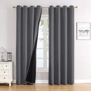 ChrisDowa 100% Blackout Curtains for Bedroom with Black Liner, 2 Thick Layers Total Blackout Thermal Insulated Grommet Window Curtains 2 Panels Set (Grey, 52 x 72 Inch)