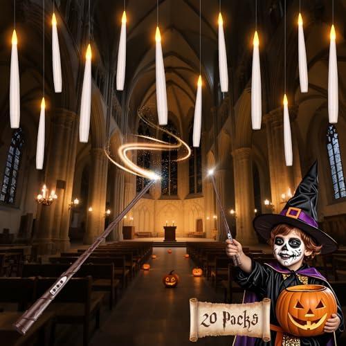 Halloween Decorations Floating Candles with Wand: 20Pcs Flameless Floating Candles with LED Warm Lights Battery Operated Magic Candle for Birthday Gifts Halloween Party Decorations Indoor Home Decor