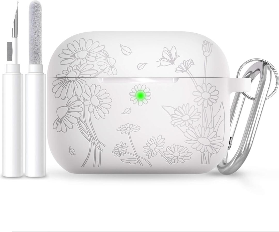 for AirPods Pro 3 Case (2025) DamonLight Daisy Floral Engraved Shockproof Protective Soft Silicone Case Cover with Cleaning Pen and Keychain for Apple Airpods Pro 3rd Generation(White)