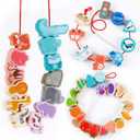 BMTOYS Montessori Educational Threading Toys Wooden Stringing Traffic Wild Animals Fruits Lacing Beads Preschool Toy for Toddler 18 Month 1 2 3 4 5 Year Old Boys Girls (Macroon)