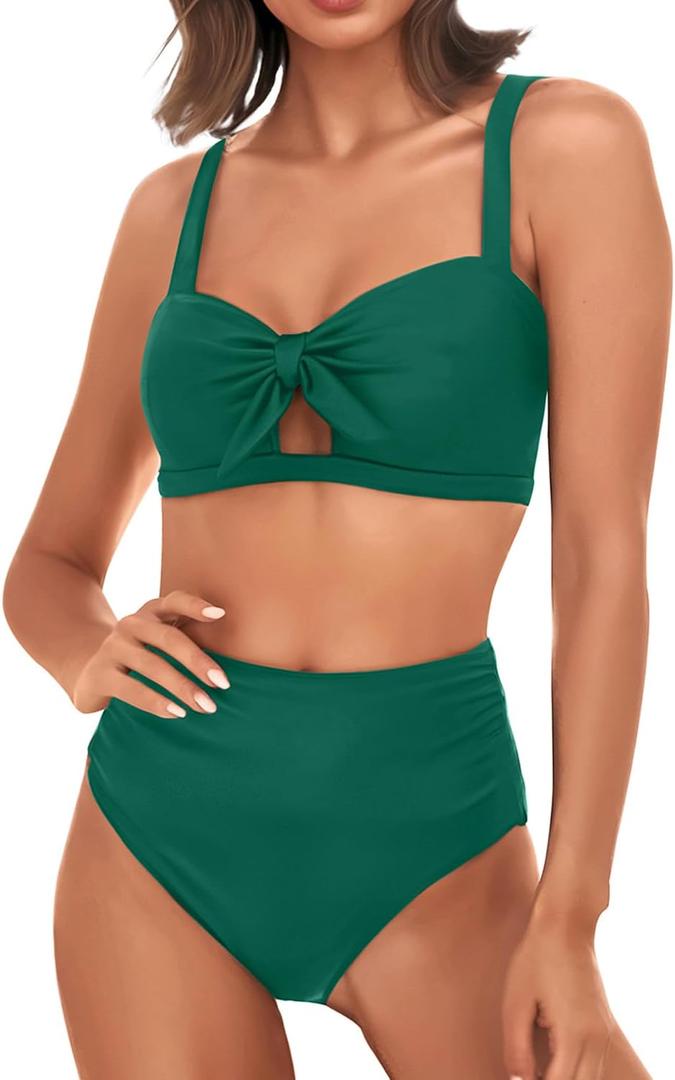 Tempt Me Women Two Piece Swimsuits High Waisted Bikini Set Tummy Control Ruched Tie Knot Bathing Suits (Small, Deep Green)