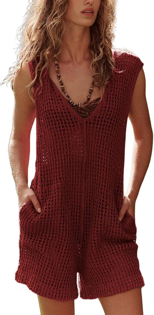 Women's Oversized Casual Romper One Piece Hollow Out V-Neck Sleeveless Shorts Beach Cover Ups (Red, XS)