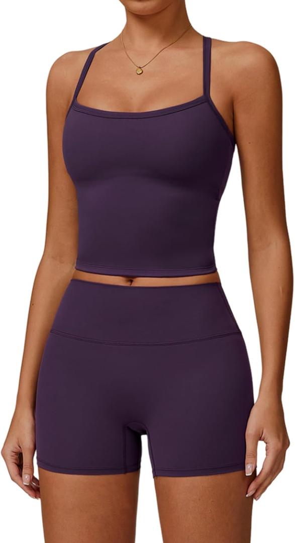 Two Piece Workout Sets For Women Tank Top Matching High Waist Booty Lifting Shorts Gym Yoga Active Wear Outfits (Large, Dark Purple)