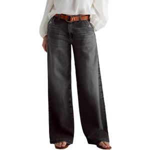 Flamingals Wide Leg Jeans for Women Mid Waist Baggy Stitch Decor Denim Washed Pants Without Belt, Small