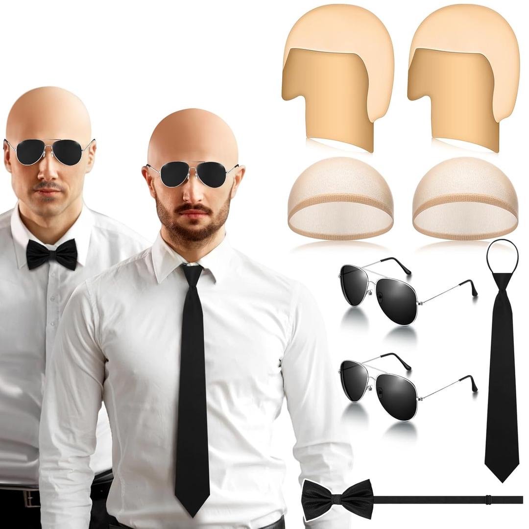 Mepase 8 Pcs Halloween Latex Bald Caps with Head Wig Caps Sunglasses Tie and Bow Tie for Adults Men Halloween Party Cosplay(Classic Style)