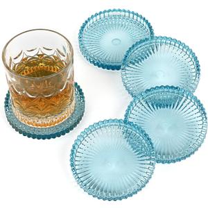 OGANAZI Modern Clear Coaster Set of 5- Glass Coasters for Drinks Crystal Coasters Round Cup Mat Coffee Table Decor for Office, Kitchen, Bar, Dining Room, Living Room, Patio(Clear Blue)