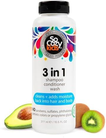 SoCozy 3-in-1 Kids Shampoo + Conditioner + Body Wash (10.5 Fl Oz) Gentle, Hydrating Hair & Body Cleanser with Keratin, Vitamin B5, & Kiwi Extract, Paraben & Sulfate-Free 3Pcs
