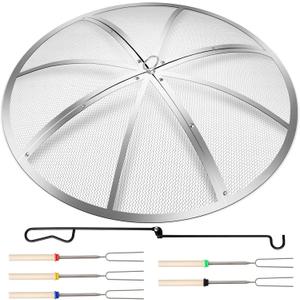Fire Pit Spark Screen 40 Inch Round, Heavy Duty Stainless Steel Outdoor Fire Pit Screen Cover with Foldable Hook & Marshmallow Sticks, Mesh Spark Protector for Backyard, Camping, Beach