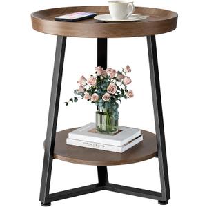 Round End Table, 2-Tier Tray Top Side Tables with Storage Shelf, Ultra Stable Coffee end Table/Nightstand, Modern Farmhouse Couch Table for Living Room, Bedroom, Bedside Stand or Small Spaces, Walnut, 1 Pcs 2-Tier