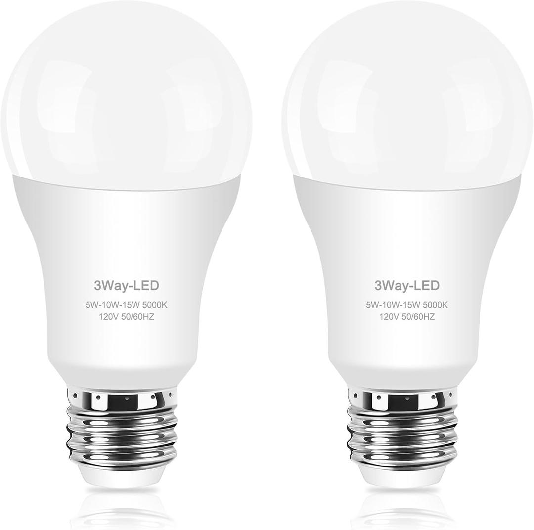 3 Way Light Bulbs 50 100 150 Daylight White 5000K, 5/10/15W Energy Saving 500 1000 1500 Lumens, E26 Base LED Bulbs Perfect for Reading, 2 Pack