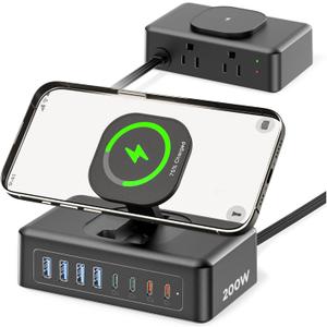 200W USB Charging Station, 11-in-1 USB C Power Strip Surge Protector, 2AC Outlets & 8USB Ports, 5ft Flat Plug Extension Cord with Multiple Devices, Desktop Charger for Home Office Desk Accessories