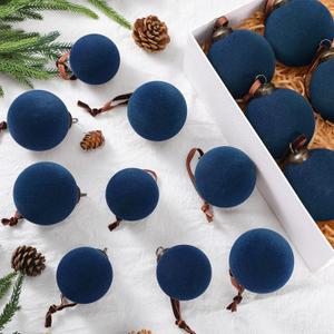 18 Pcs Velvet Christmas Balls Bulk 3.15, 2.76, 2.36 Inch, Flocked Xmas Tree Ball Ornaments Plastic Velvet Christmas Ornaments Xmas Tree Hanging Decoration(Navy Blue)
