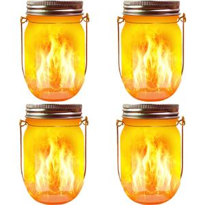 Solar Mason Jar Flicker Lights Upgraded, 4 Pack Flickering Torches Lights Outdoor Hanging Lanterns Landscape Decoration Lighting Dusk to Dawn Auto On/Off Security Halloween Torch Lights