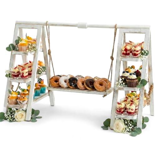 Wooden 3 Tier Swing Cupcake Stand with Serving Platter 20x30 Foldable Ladder Stand Dessert Display Cake Snack Fruit Bread Centerpieces for Party, Birthday, Wedding, Baby Shower(Rustic White)