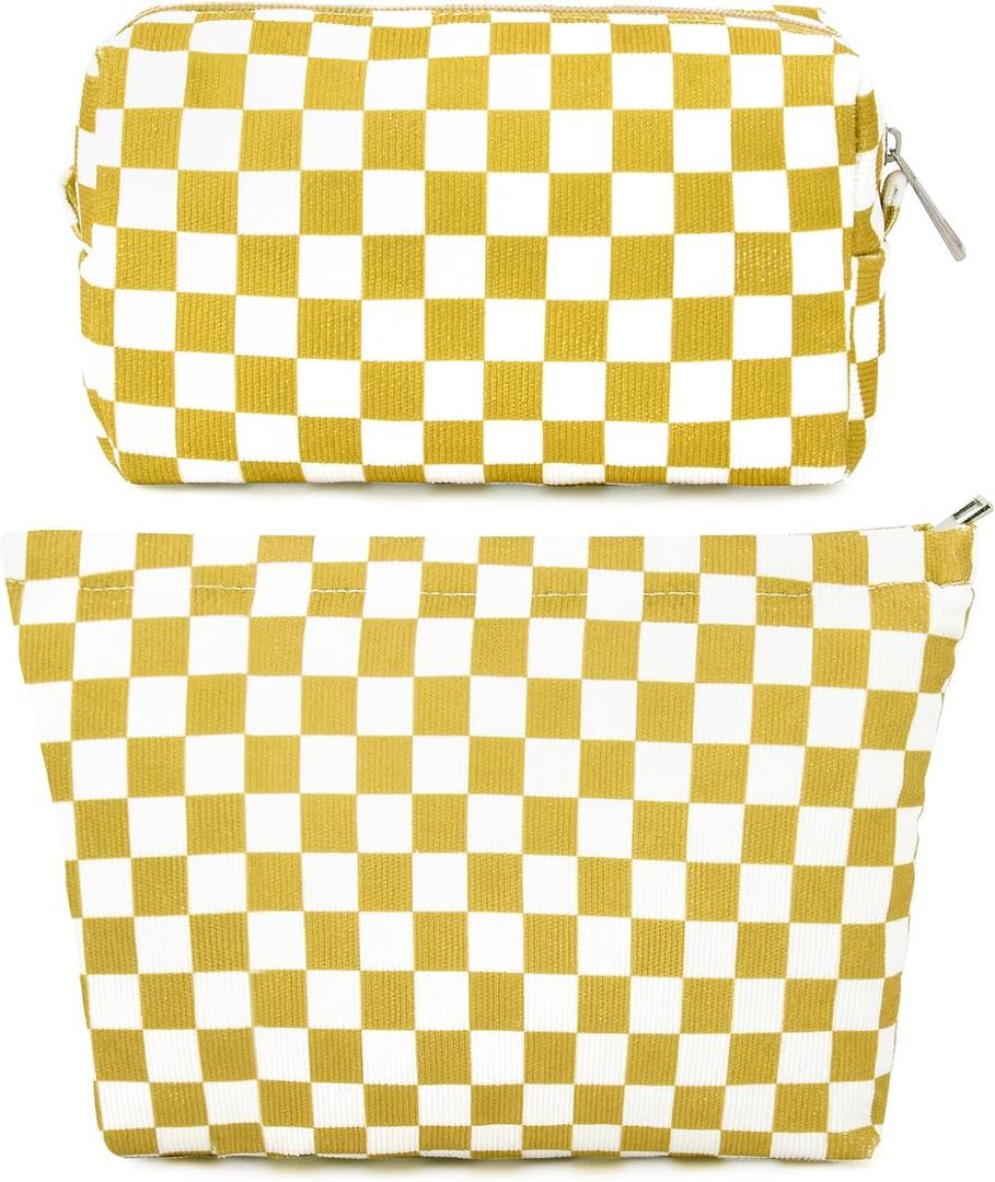 SOIDRAM 2 Pcs Checkered Makeup Bag Large Cosmetic Bag Toiletry Bag Makeup Pouch Travel Bag Organizer Cute Makeup Brushes Aesthetic Accessories Storage Bag for Women Golden Yellow