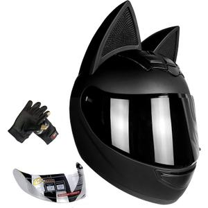 Cat Ear Motorcycle Helmet with Gloves and 2 Visor, Full Face Youth Men and Women Racing Motocross Helmet Medium