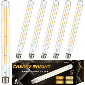CREATE BRIGHT T30 Led Edison Bulbs 12W E26 Dimmable Tubular Bulb 2700K Vintage Light Bulbs,120 Watt Equivalent,1440LM,11.86 in,6 Pack