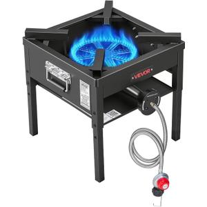 VEVOR Single Burner Outdoor Propane Gas Stove, 200,000 BTU Propane LPG Gas Camping Stove, Heavy Duty Carbon Steel Outdoor Cooker, with Shield & 20 PSI Regulator, for BBQ Camp Home Patio Seafood Boil