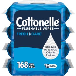 Cottonelle Fresh Care Flushable Wet Wipes, Adult Wet Wipes, 4 Flip-Top Packs, 42 Wipes Per Pack (168 Total Wipes), Packaging May Vary (BB: 12/2026)