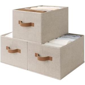 StorageWorks Shelf Baskets for Organization, Linen Closet Organizers and Storage Basket, Foldable Storage Bins, Closet Organizer Bins for Clothes, Brown & Beige, 3-Pack, Large