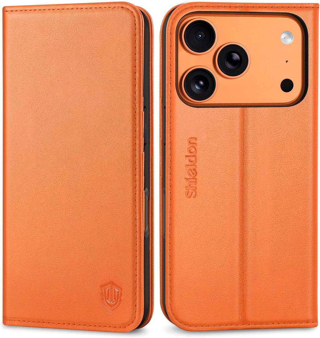 SHIELDON Case Wallet for iPhone 17 Pro 6.3-inch | Genuine Leather, RFID Blocking Credit Card Holder, Magnetic Closure, Folio Design, Kickstand, TPU Soft Full Protective Cover 2025 - Orange