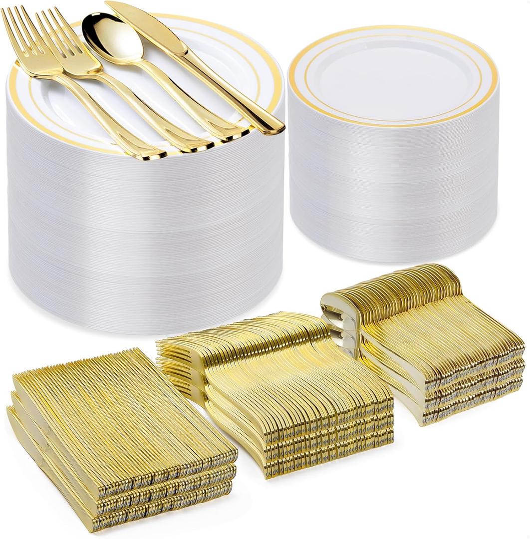 BESTVIP 600PCS Gold Plastic Plate Set (100 Guests), Plastic Plates for Party Wedding Birthday, Disposable Dinnerware Set of 200 Plates, 200 Forks, 100 Spoons, 100 Knives for Christmas