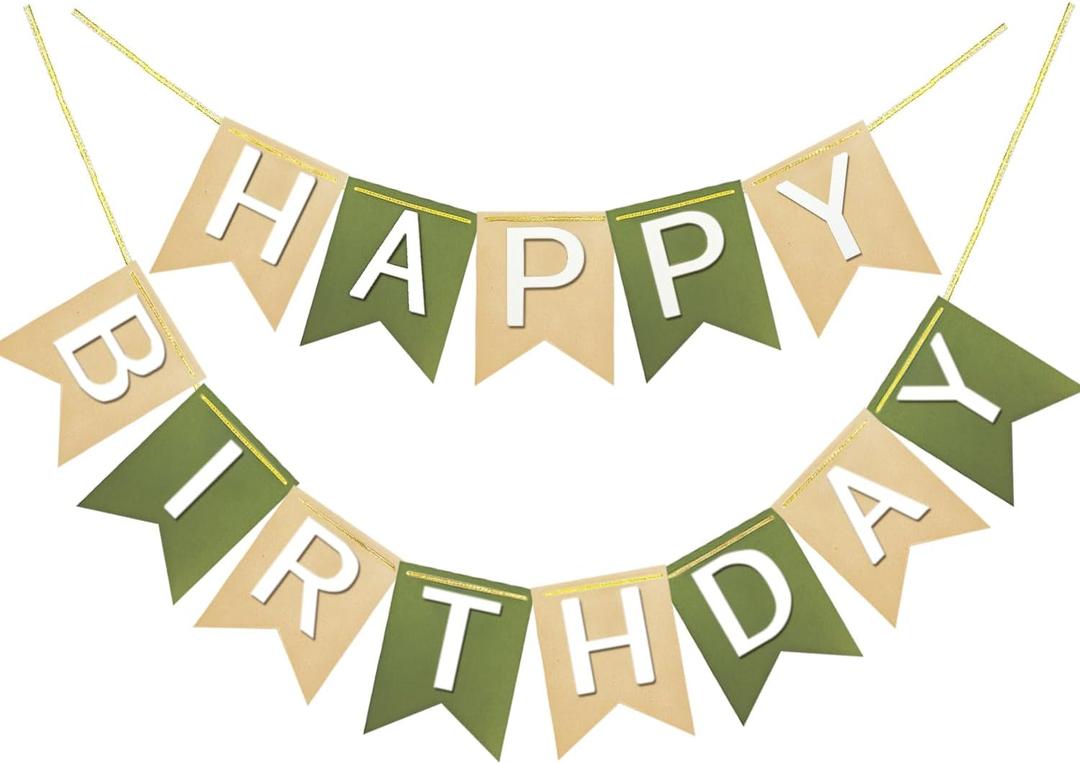 Brown Green Happy Birthday Banner Theme Party Supplies Handmade Pre - Strung Garland Decorations Birthday Tropical Signs Nursery Hanging Decor 13pcs