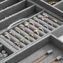 Velvet Jewelry Drawer Organizer Trays Large Grey Stackable Jewelry Storage Inserts Set, 4-Layer Jewelry Tray Set for Earrings, Rings, Necklaces, Bracelets with Removable Dividers for Dresser, Vanity