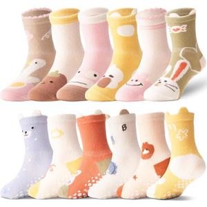 ANTSANG 12 Pairs Baby Girls Boys Toddlers Kids Grips Socks Crew Cotton Non-Slip/Anti-Skid Grips Socks(Fun Animal,3-5T)