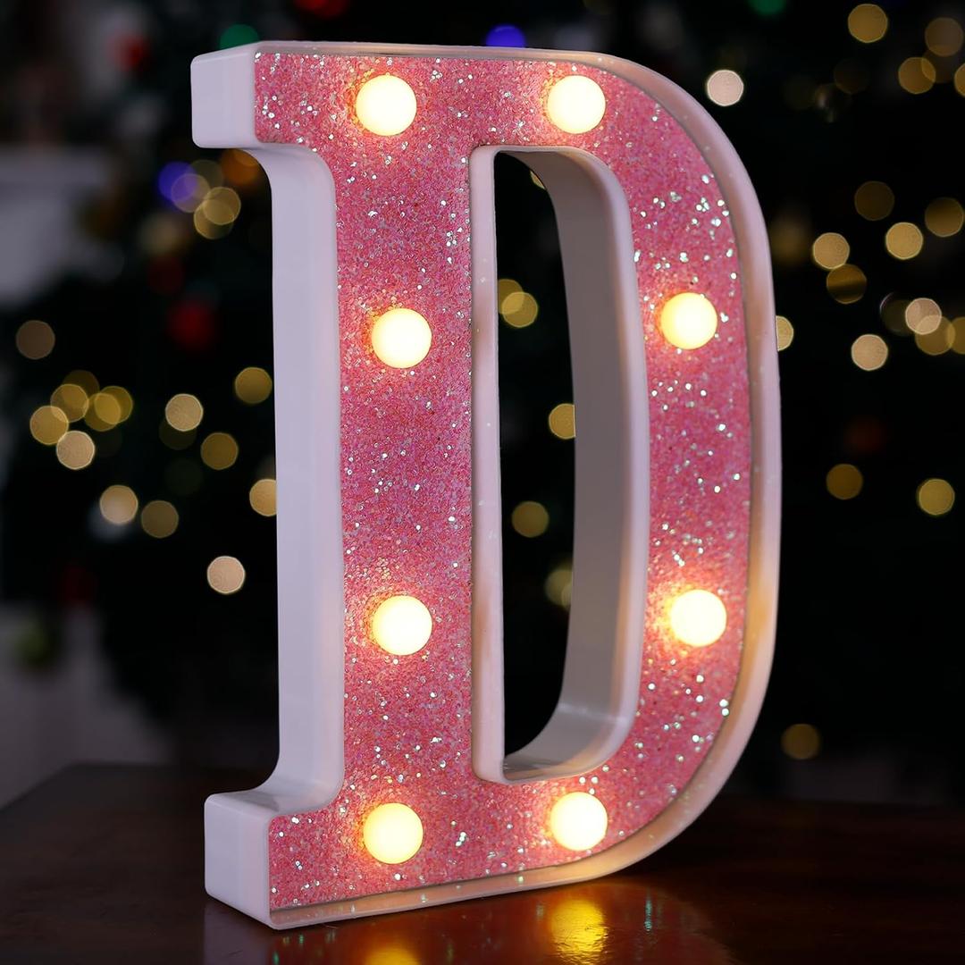 LED Letter Lights Pink Glitter Marquee Letters Light Up Alphabet Letters Sign Battery Powered for Home Party Decoration Night Bar Wedding Birthday Christmas Lamp Girls Gift - Letter D