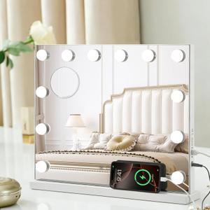 Vanity Mirror with Lights, 19.7"x16.5" Hollywood Mirror with 12 Dimmable LED Bulbs, 3 Color Lighting Modes & 10X Magnification Desk Wall-Mounted Makeup Vanity Mirror