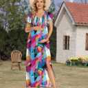 Floral Print V Neck Maternity Dress Boho Baby Shower Photoshoot Smocked Flutter Sleeve Split A Line Dress (XL)