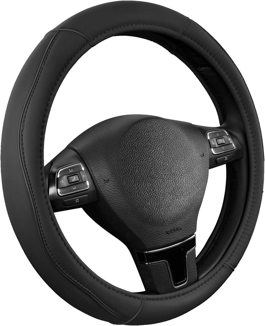 Road Comforts Leather Steering Wheel Cover with Decorative Trim and Piping, Anti-Slip Breathable Design, Fits 14.5–15 Inch Round Steering Wheels, Snug Fit, Stylish Interior Upgrade - Black