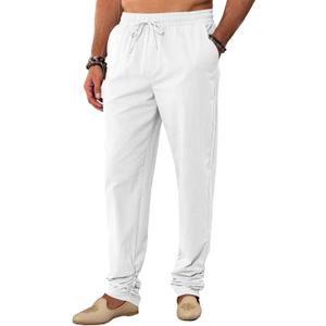 Runcati Mens Kaftan Thobe Pants Cotton Casual Elastic Waist Drawstring Muslim Trousers Summer Yoga Kurta Pants with Pockets (XX-Large, White)