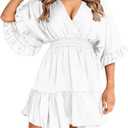 Aoysky Womens V Neck Casual Dresses Summer Loose High Waist Ruffle Pleated Cute Mini Short Dress, M