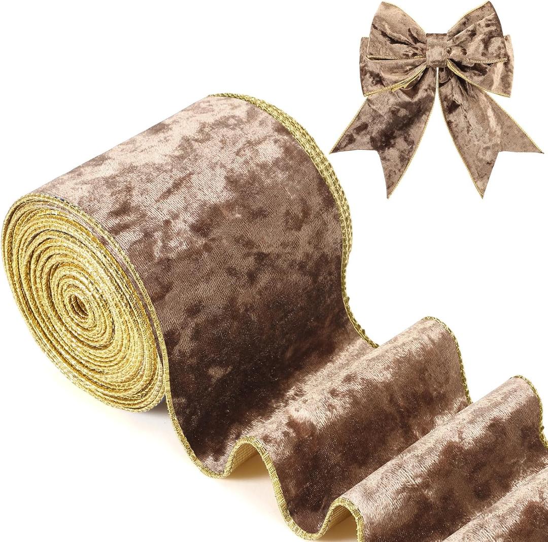 Riceshoot Christmas 4 Inch Velvet Ribbon 10 Yards Camel Wide Wired Velvet Ribbon with Gold Edge for Wrapping Bow Gift Box DIY