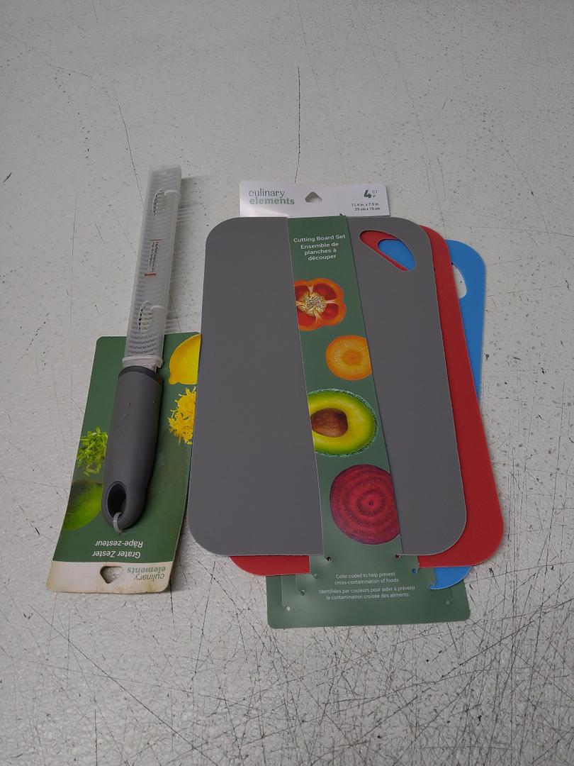 Culinary Fresh Cutting Board Set 3 Piece Kit 11.4" x 7.5" Assorted Colors And Culinary Elements Grater Zester Gray