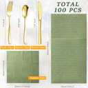 Tioncy 25 Pack Gold Plastic Silverware Set with Napkins, Linen Touch Napkins and Plastic Cutlery Set Gold Disposable Dinnerware with Forks Spoons Knives(Sage Green)