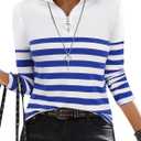 LilyCoco Womens Striped Long Sleeve Shirt Color Block Zipper Polo T Shirts Blue X-Large (XL)