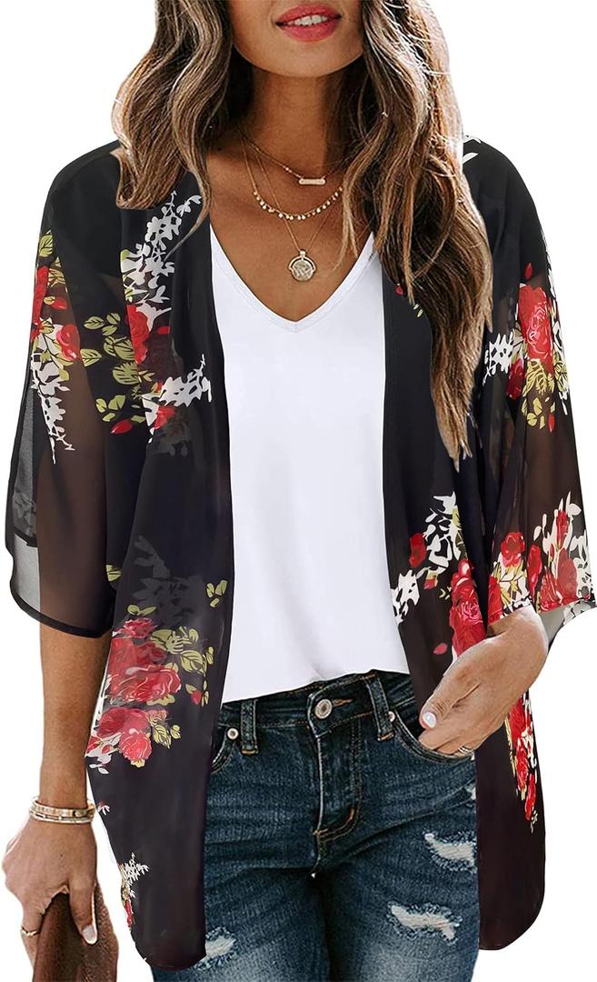 Women's Floral Print Puff Sleeve Kimono Cardigan Loose Cover Up Casual Blouse Tops, S