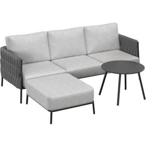 EAST OAK Life Chatter Patio Furniture Set, Outdoor Furniture Sectional Sofa Set with Round Coffee Table, 4 Seats Sofa Deep Seating with Thick & Washable Cushions, Earth Black & Misty Grey