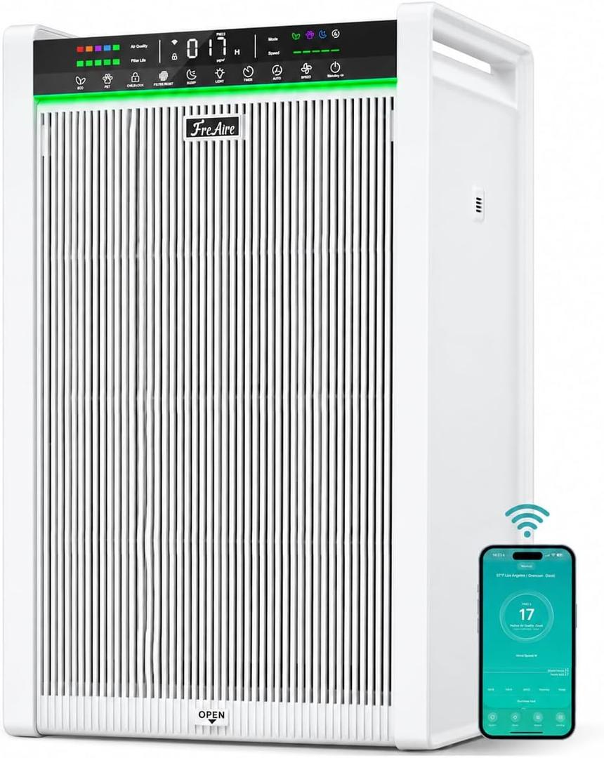 FreAire HEPA Air Purifier for Home Pets and Large Room, Pet Mode, Washable Pre-Filter, PM2.5 Display, WiFi App, Pure White