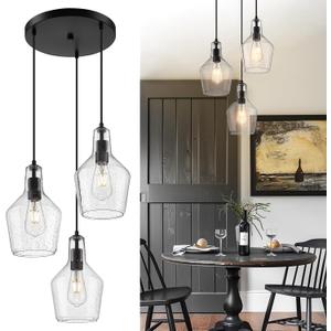 Emliviar 3-Light Chandelier Hanging Light Fixture, Modern Cluster Pendant Lighting for Kitchen Island with Clear Seeded Glass, Black Finish, DYE286G2-3 BK