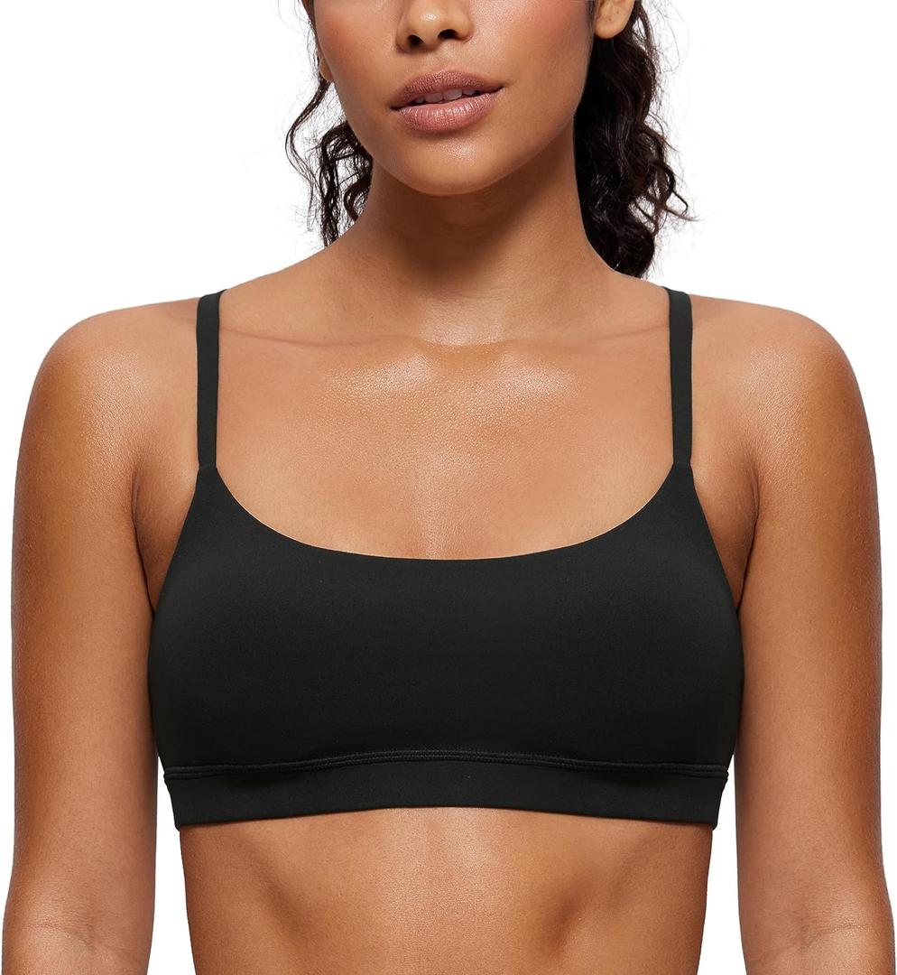 CRZ YOGA Butterluxe Adjustable Spaghetti Strap Sports Bras for Women - Scoop Neck Wireless Padded Yoga Workout Crop Top (Black) M